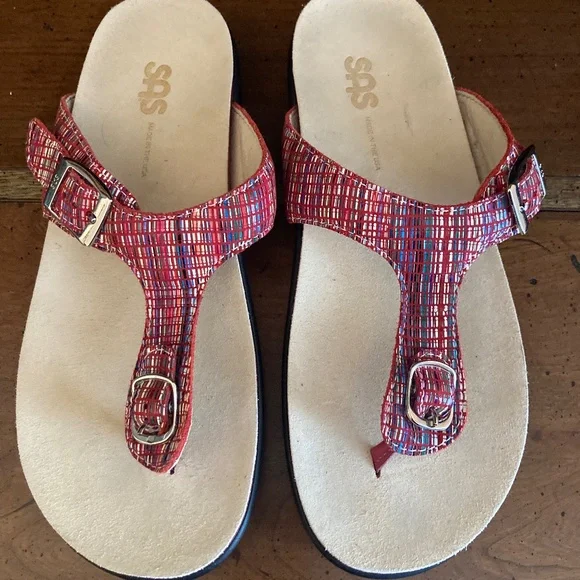 SAS Red Multi Color Sling Thong Sanibel Leather Sandals 8.5M Like New - Picture 1 of 5